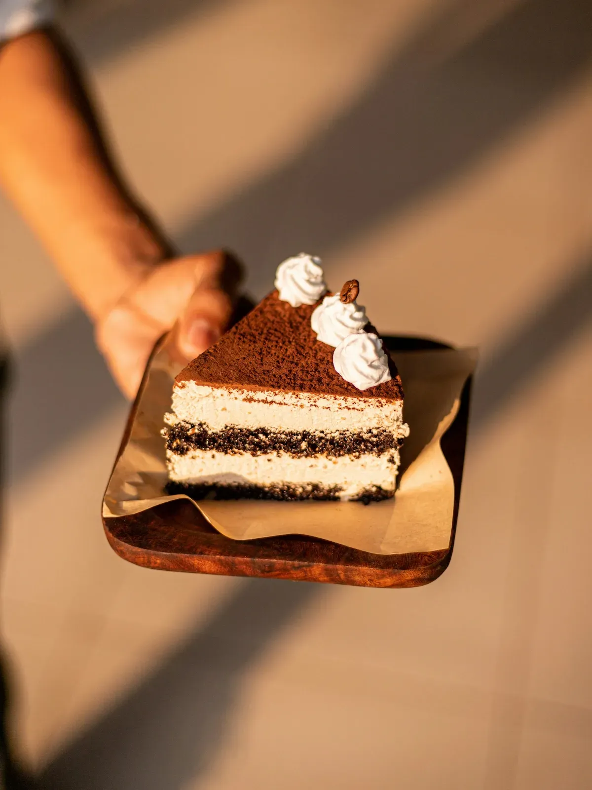 Fetta di tiramisù con panna e cacao in polvere come decorazione del menu demo Azzurro di Mare